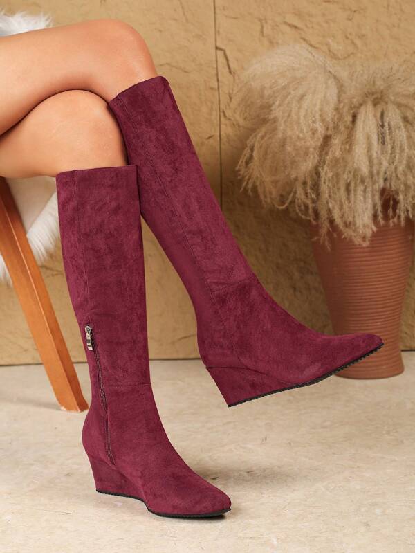European Brand Plus Size Pointed Toe High Shaft Boots, Wedge Heel Suede Simple Pull-On Women Boots For Autumn/Winter