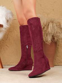Botas altas de punta puntiaguda y tacón de cuña de marca europea de talla grande, botas sencillas de mujer con cierre de cordones para otoño/invierno