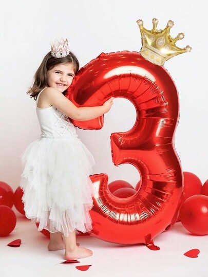 1pc 32-Inch Numeric Shape Balloon, Red Number Balloon With Gold Crown, Decorative Balloon For Birthday Party, Anniversary, Wedding, Photo Shoot Back To School Valentine's Day