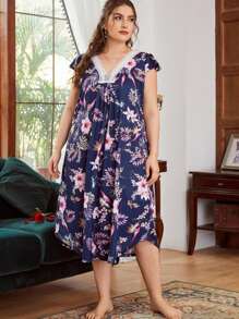 Camisola Curta com Decote em V de Renda e Floral Miúdo Plus Size para Mulheres, Desgaste Casual em Casa ou ao Ar Livre, Verão