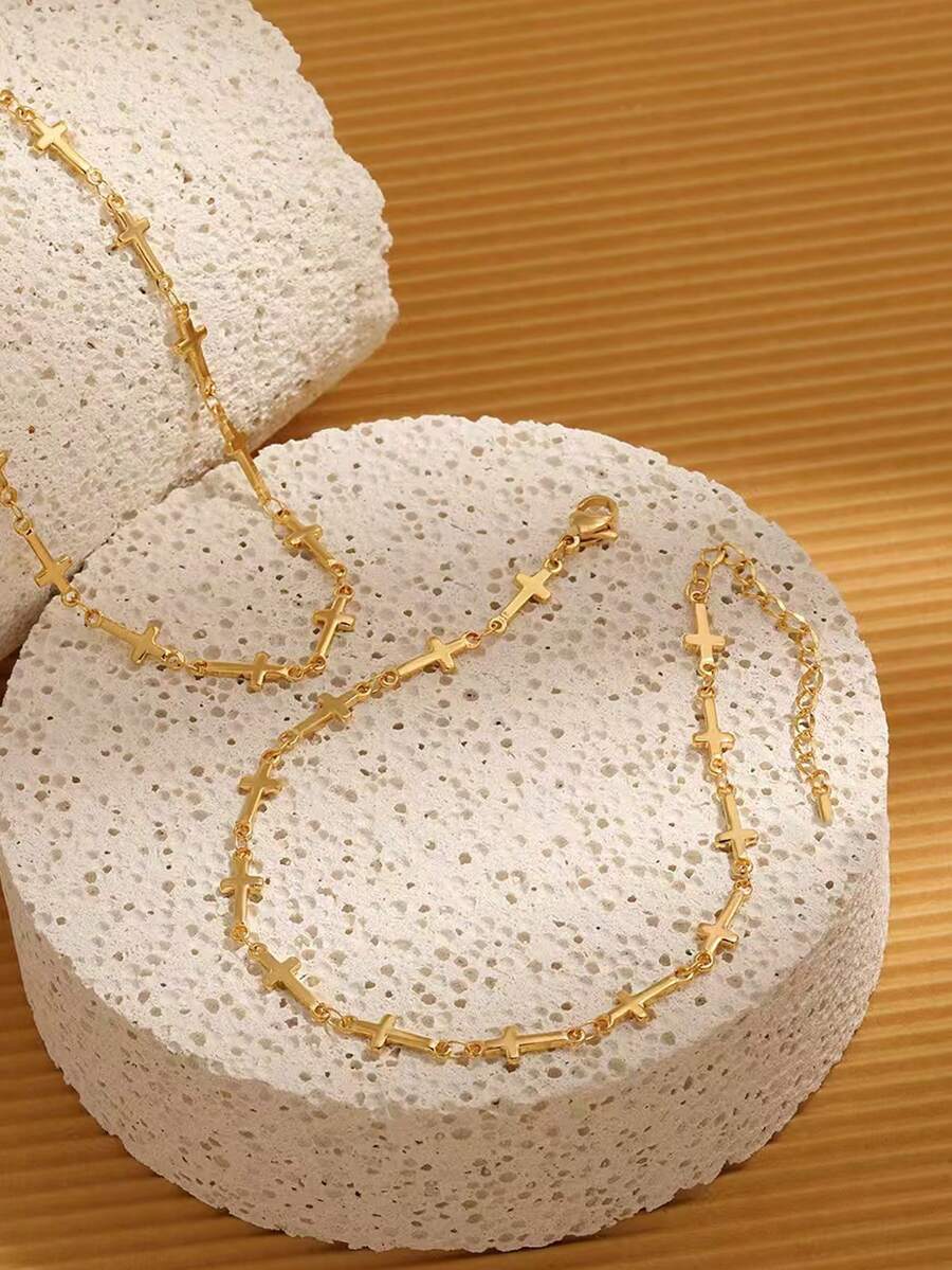 1pc Gold Tone Stainless Steel Plated 18K Real Gold Cross Chain Anklet