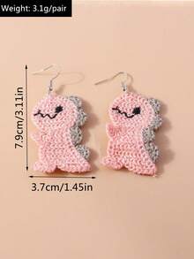 1 对可爱卡通粉色恐龙针织耳环，手工制作的女士珠宝配饰，日常佩戴 - 粉色 - 查看 4