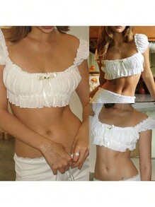 Women's Off Shoulder Tops Slim Frill Trim 3D Bow Backless Short Sleeve Crop Shirt For Party Club - White - View 10