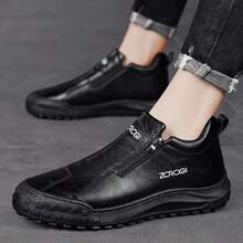 中帮一脚蹬运动鞋，橡胶底，防滑，跑步鞋，复古拉链透气工作鞋，复古休闲鞋，乐福鞋 - 黑色 - 查看 4