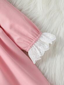 女婴彼得潘领白色蕾丝边长袖蕾丝镶边腰部收腰连衣裙 - 粉色 - 查看 5