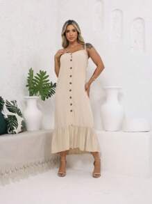 Long Crepe Dress With Padded Cups And Buttons H-1 - Beige - View 3