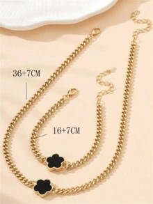 1 件项链和 1 件手链波西米亚风复古金属花项链和手链套装，复古金色三叶草首饰套装，女士 - 黑色 - 查看 3