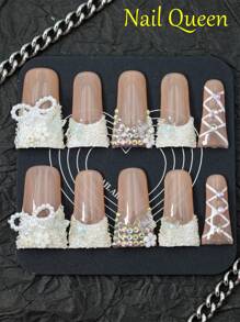 10 件手工制作的按压式假指甲，新款鸭嘴美甲套装，珍珠蝴蝶结，3D 立体花朵，手绘条纹，闪闪发光的钻石，水钻，独特的指尖艺术，在指甲上绘画，全覆盖设计，可拆卸和重复使用，持久耐用的指甲宝石，美甲用品，派对和婚礼必备的时尚配饰，女孩礼物的首选，包括指甲胶和指甲锉 - 彩色 - 查看 14