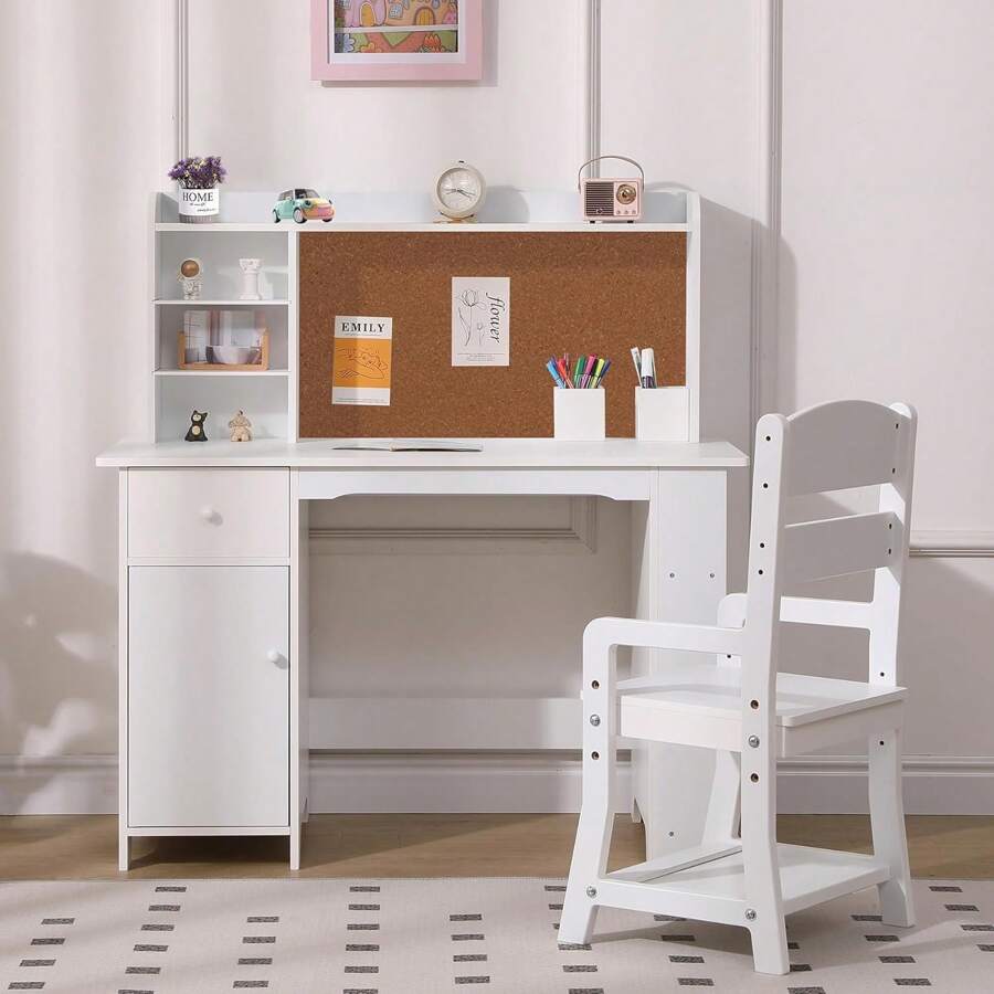 White Study Desk And Chair Set With Bookshelf, Bulletin Board, And