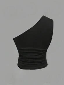 Asymmetrical Ribbed One-Shoulder Mule Blouse - 黑色 - 查看 1