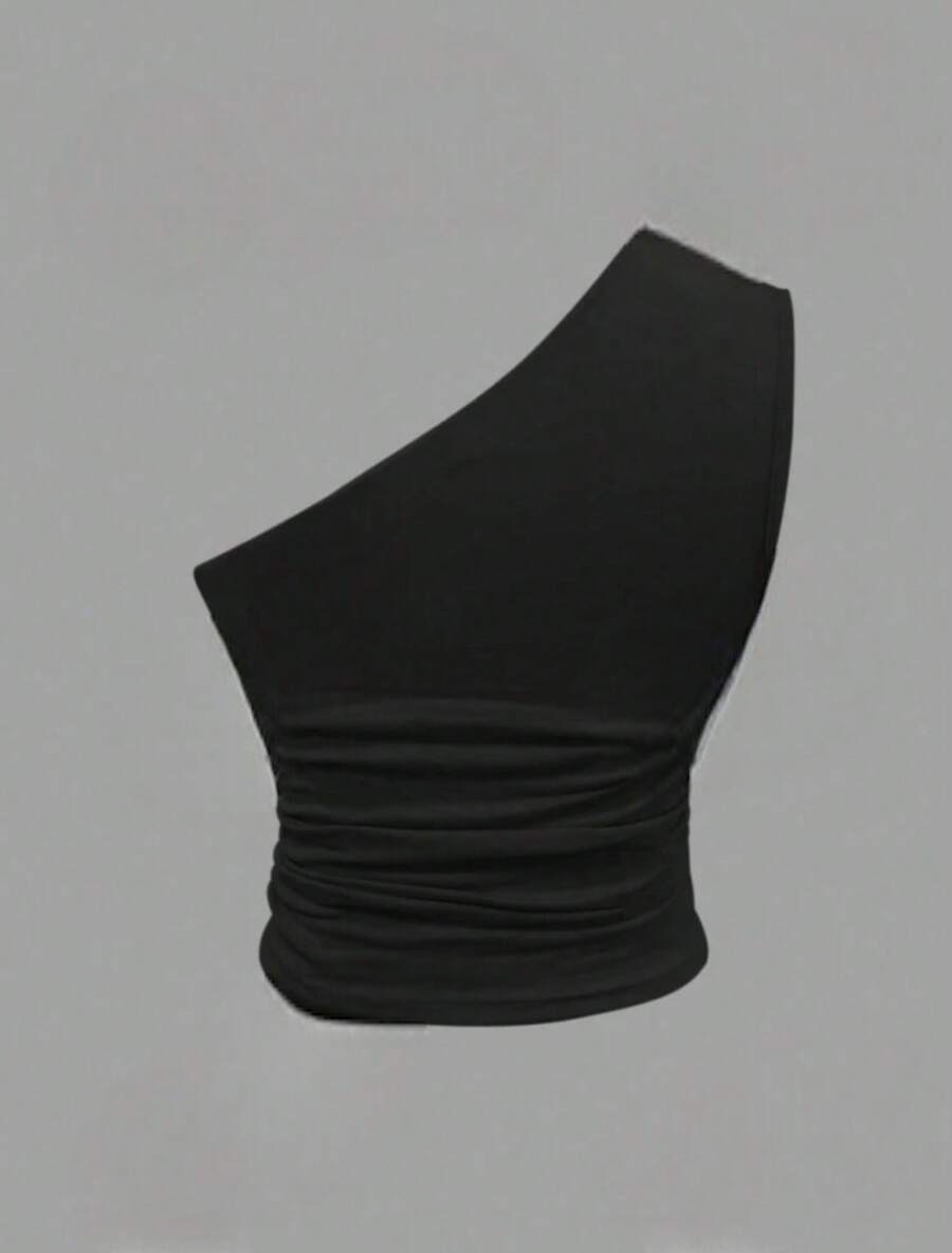 Asymmetrical Ribbed One-Shoulder Mule Blouse - 黑色 - 查看 1