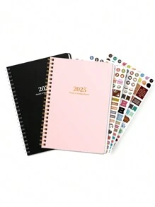 1 件 2025 计划每日每周每月笔记本螺旋日计划学术预约簿议程杂志提高生产力便携式学习课程通用笔记本添加三张贴纸 - 彩色 - 查看 1