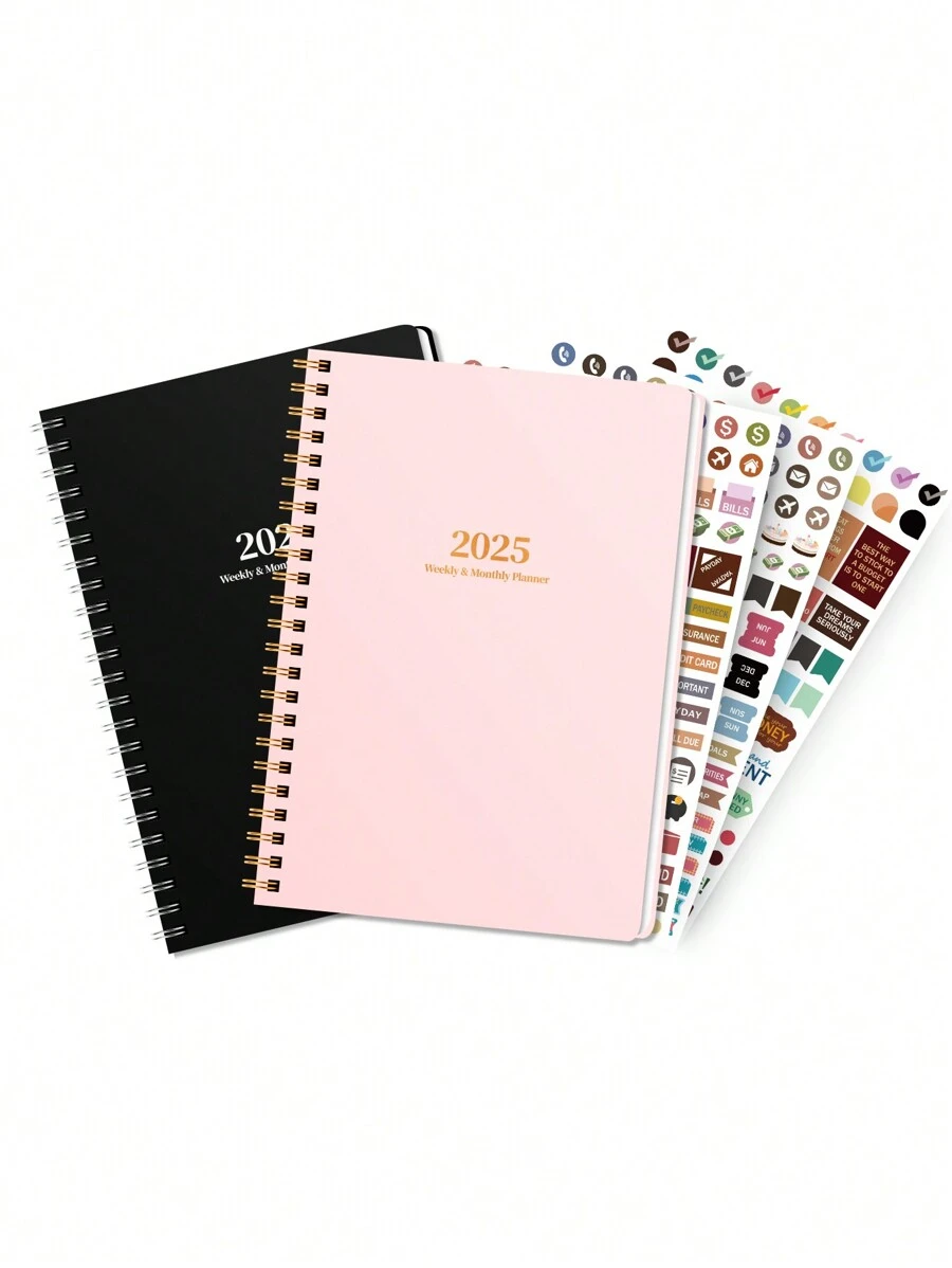 1 件 2025 计划每日每周每月笔记本螺旋日计划学术预约簿议程杂志提高生产力便携式学习课程通用笔记本添加三张贴纸 - 彩色 - 查看 1