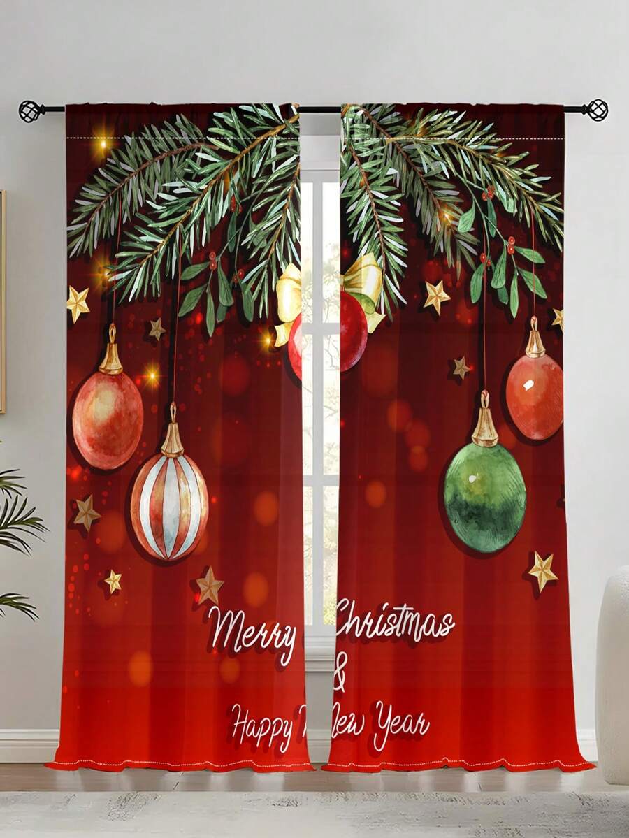 Bộ 2 rèm cửa mỏng hình cây thông Noel, rèm cửa sổ trang trí phòng khách gia đình, bán trong suốt để bảo vệ sự riêng tư trong phòng ngủ và phòng khách - Đỏ - Xem 1