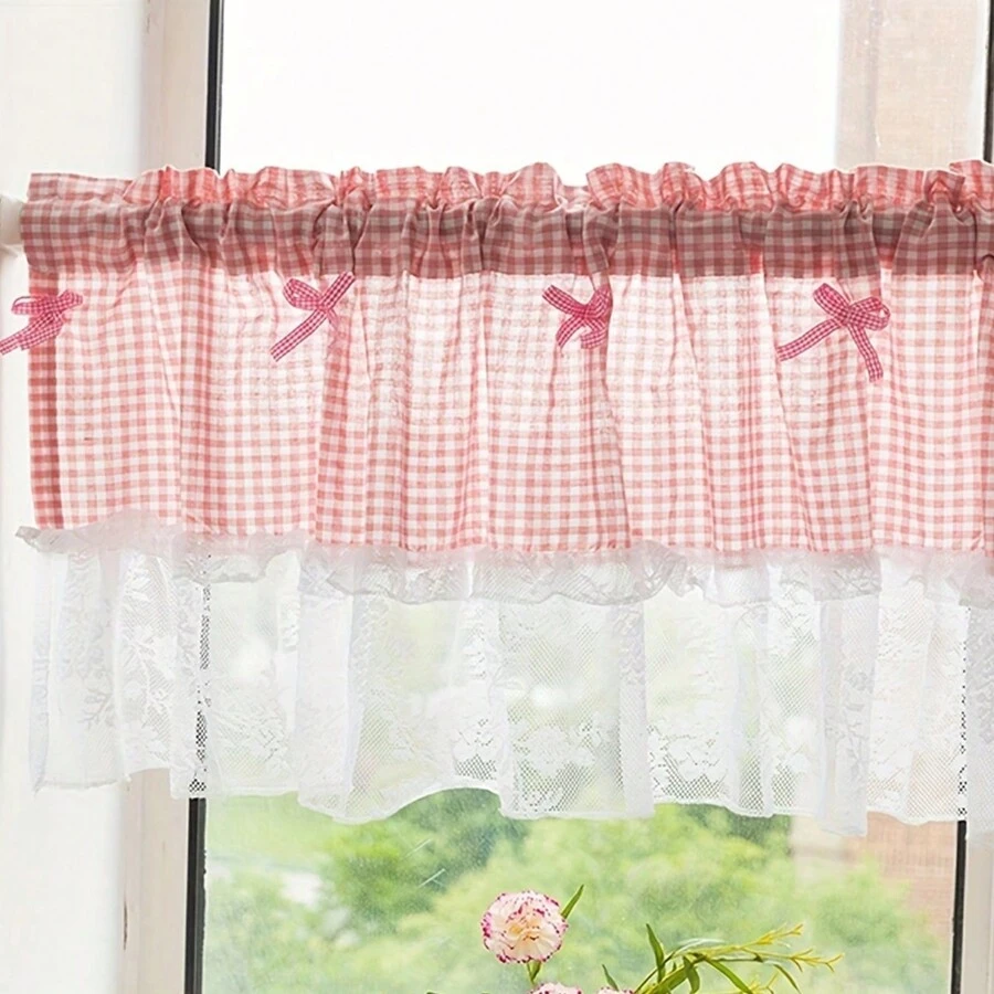 1 rèm cửa ngắn Lilian caro cho nhà bếp/phòng ăn, rèm cửa quán cà phê voan mỏng lãng mạn theo phong cách đồng quê Pháp, vải lưới ren caro chắp vá màu hồng và đen - Hồng - Xem 1