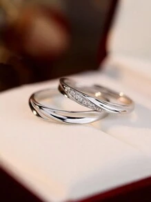 2 pièces Ensemble d'anneaux de couple, bagues ouvertes simples et brillantes en Zircone cubique de luxe, convenant pour les fiançailles, le mariage, le cadeau de la Saint-Valentin