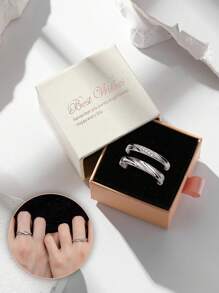 2 pièces Ensemble d'anneaux de couple, bagues ouvertes simples et brillantes en Zircone cubique de luxe, convenant pour les fiançailles, le mariage, le cadeau de la Saint-Valentin