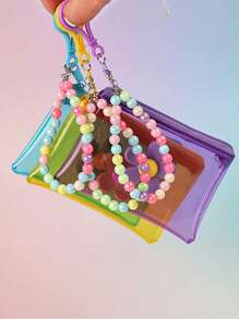 1pc Fashionable Transparent PVC Coin Purse With Floral Beaded Chain - Girl's Portable Key And Travel Wallet (Bead Color Random)