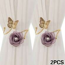 مُحمِل ستارة بزهرة الورد وفراشة 3D بلؤلؤ اصطناعي بقطعة واحدة او قطعتين/ حلقة ستارة من المعدن - مثالي لتثبيت الستائر التزيينية في غرفة النوم أو غرفة الجلوس