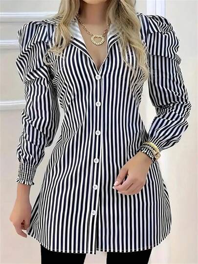 Plus Size Women's Striped Floral Print Classic Collar Lantern Sleeve Blouse