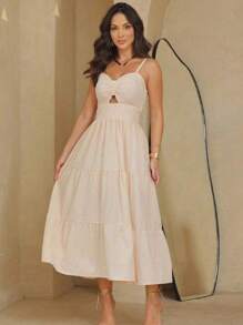 Long Dress With Straps And Striped Cups In Crepe Fabric H-2 - 米色 - 查看 1