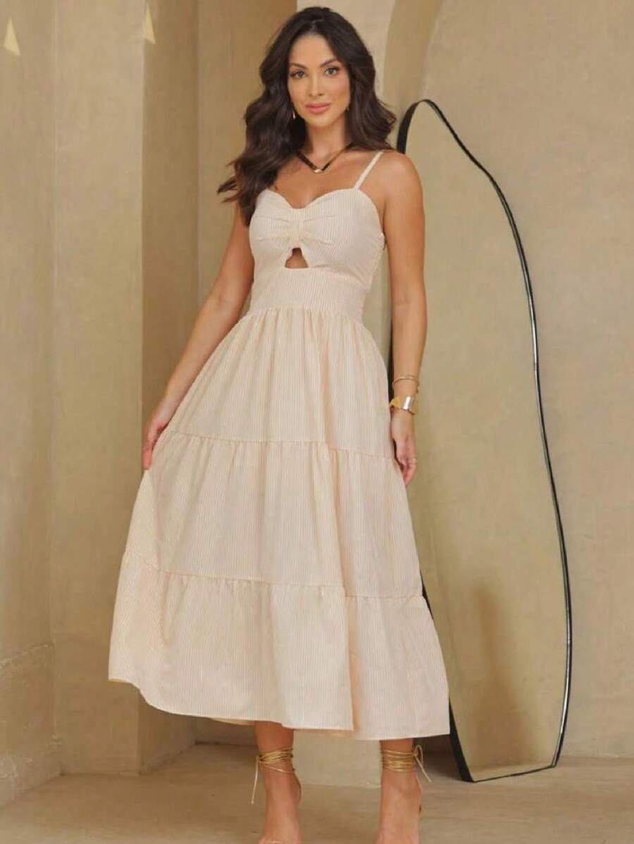 Long Dress With Straps And Striped Cups In Crepe Fabric H-2 - 米色 - 查看 1