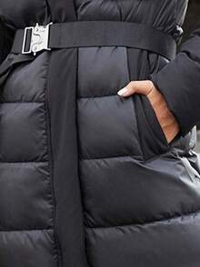 GASMAN Patch Pocket Belted Hooded Padded Coat,Ladies Winter Casual Belted,Patched,Pocket,Zipper Regular Sleeve Hooded Regular Fit Black Plain Women Coats,Winter Warmth/ Winter Fashion