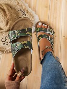 Dép đi biển đế dày thời trang Unisex Retro Buckle Strap, Dép đi trong nhà/ngoài trời thời trang cho các cặp đôi - xanh quân đội - Xem 3