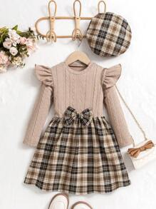 Young Girl Plaid Dress With Beret Hat Set, This Retro Plaid Dress With Beret Cap Has A British Style Vibe, Suitable For Autumn/Winter Season