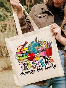 1 件印有地球仪、书籍、苹果、文具图案的帆布单肩手提包，白色组合，帆布手提包和化妆包套装，女士空白帆布手提包装饰，简约时尚大包装适合学生、返校学生和教师，最佳教师圣诞节、感恩节礼物，圣诞节最佳教师礼物 - 白色 - 查看 1