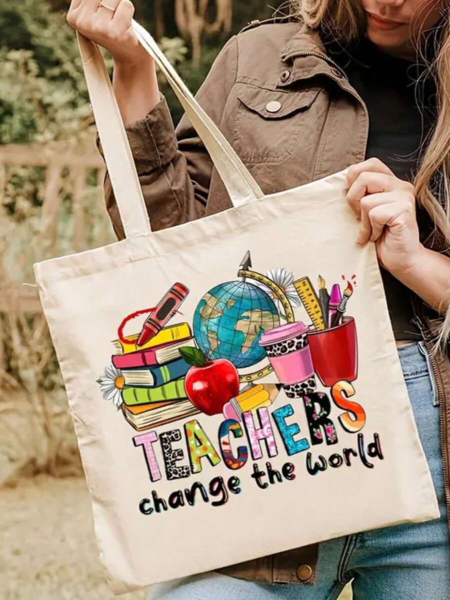1 件印有地球仪、书籍、苹果、文具图案的帆布单肩手提包，白色组合，帆布手提包和化妆包套装，女士空白帆布手提包装饰，简约时尚大包装适合学生、返校学生和教师，最佳教师圣诞节、感恩节礼物，圣诞节最佳教师礼物 - 白色 - 查看 1