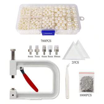 Pearl Setting Tools Hand Press Machine With White Pearl Beads, Rivet Studs And Tools, For Decorating Clothes, Dresses, Bag, Hair Band Or DIY Crafts