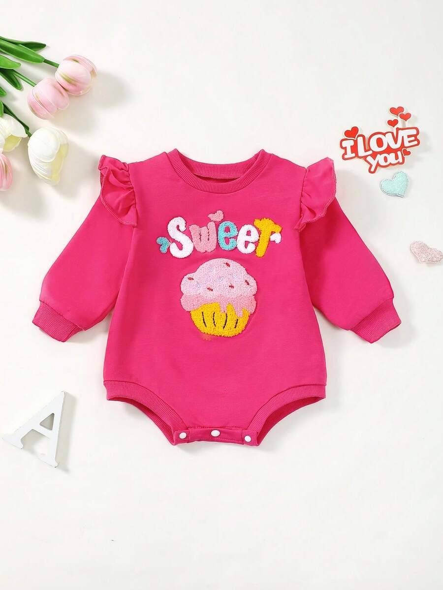 女宝宝玫红色甜美蛋糕刺绣荷叶边长袖连体衣可爱爬行衣服0-2岁婴儿装 - 玫紅色 - 查看 1