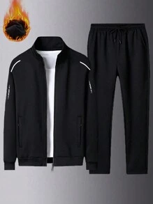 Set da abbigliamento sportivo termico per uomo, 2 pezzi composti da felpa con cappuccio e chiusura lampo e pantaloni della tuta casual da esterno per l'inverno