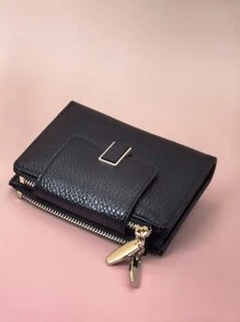 1 件女式紧凑型钱包柔软 PU 皮革纯色双折带按扣黑色简约设计轻便生日圣诞节礼物感恩节复古 - 黑色 - 查看 9