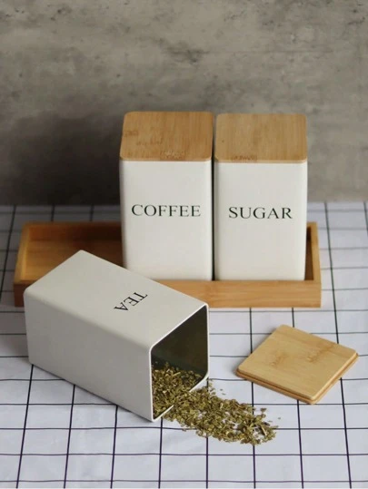 1/2/4 件创意铁艺简约风格竹盖白色茶叶/零食/咖啡豆/糖罐方形储物展示罐，厨房储物用具，收纳盒，房间装饰，适用于厨房、餐厅、派对、露营、聚会、送给朋友的礼物、家人的礼物、圣诞礼物、家居装饰、圣诞礼物、家居礼物、房间装饰