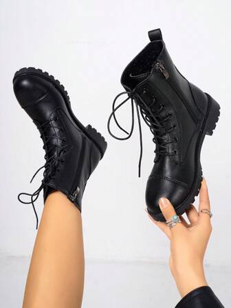 Women's Fashion Versatile Lace-Up Mid-Calf/Ankle/Calf Length Boots, Motorcycle/ Boots, Casual Comfortable Side Zip Outdoor Riding Boots, Black, Suitable For Autumn/Winter