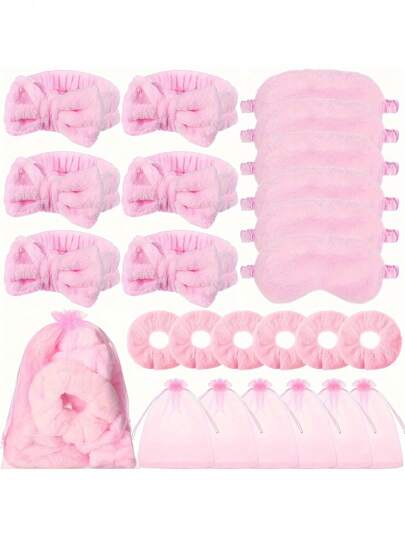 24 件套 Spa 睡衣派对套装：粉色头带、毛绒眼罩、天鹅绒发圈和欧根纱袋 - 非常适合女士睡衣派对和水疗活动