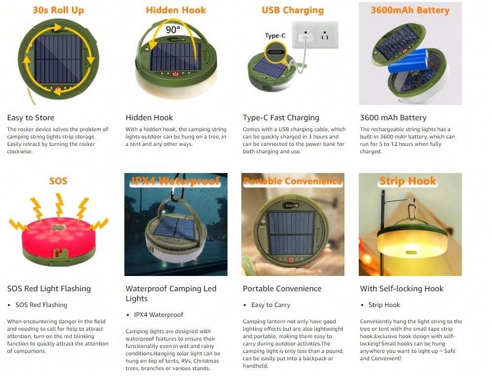 Camping String Lights, Portable Waterproof Solar Powered Camping Light
