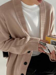 Unisex Casual V-Neck Button Cardigan, Loose Design Korean Fashion Loose Fit Knitted Sweater For Autumn/Winter, Minimalist Style