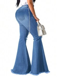 Women's Fashion Ripped Distressed Button Design Flared Leg Street Style Jeans - Medium Blue - View 2