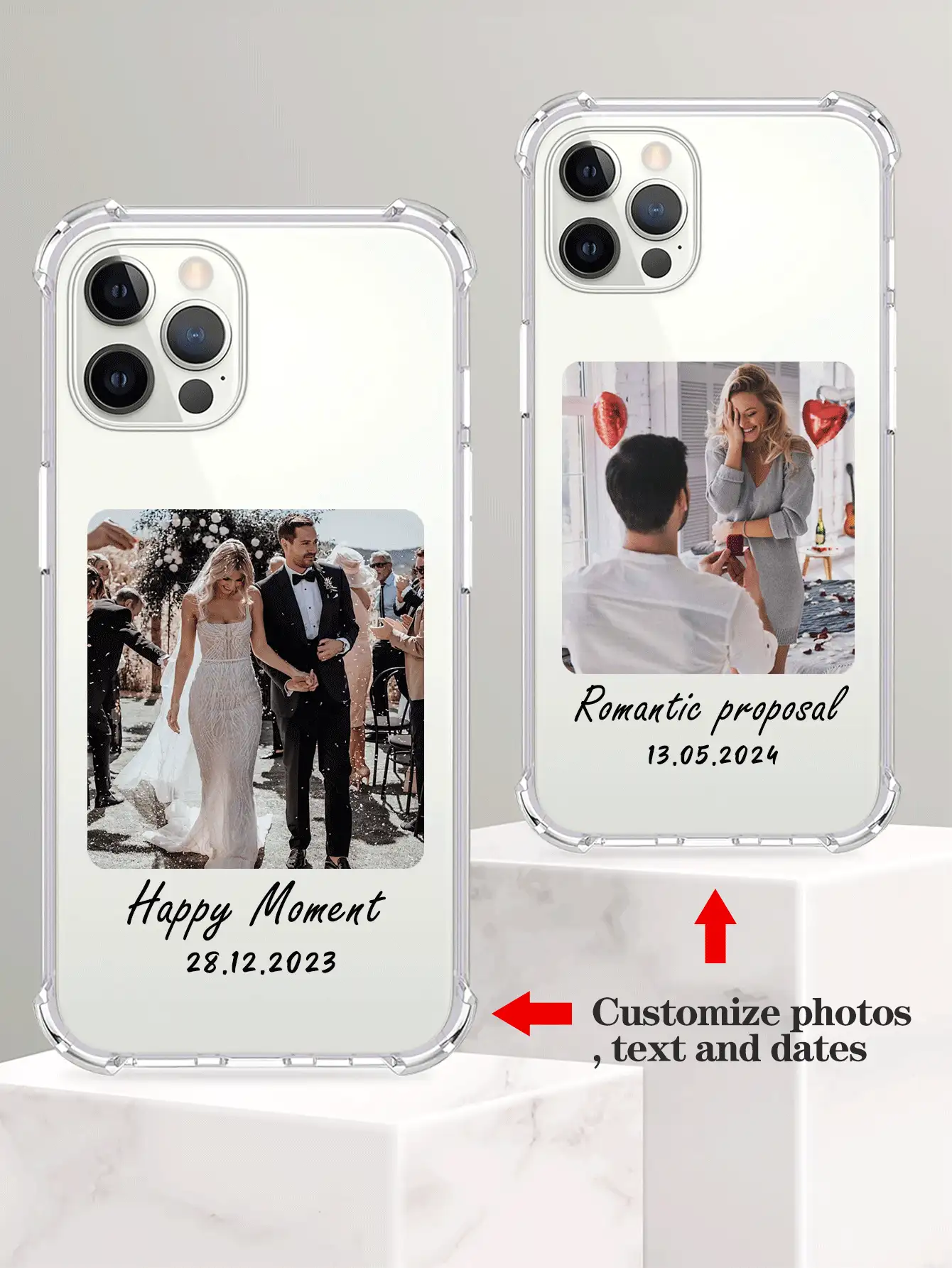 Ốp lưng điện thoại in ảnh cưới cặp đôi theo yêu cầu, nhiều ảnh đời sống khác nhau, có thể in tên, cụm từ ngắn, chữ cái, ngày kỷ niệm, chống sốc, trong suốt, khung ảnh bảo vệ điện thoại, tương thích với Samsung S23/S24 Ultra, A15 hoặc Apple 12/13/14/15/16 Pro Max - Trong sáng - Xem 2