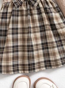 Young Girl Plaid Dress With Beret Hat Set, This Retro Plaid Dress With Beret Cap Has A British Style Vibe, Suitable For Autumn/Winter Season