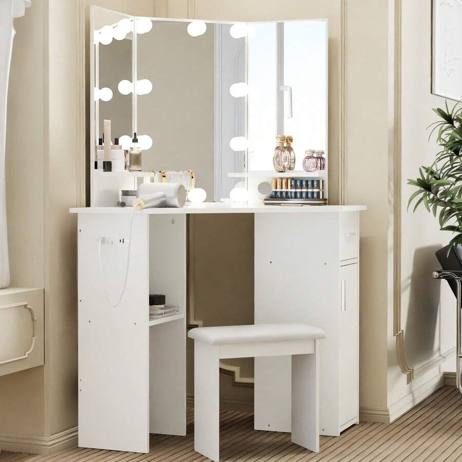 GladGrid Corner Vanity Desk With Mirror And Lights, Bedroom Makeup