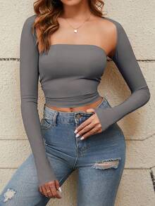 Solid Cut Out Back 2 In 1 Crop Top - Grey - View 4