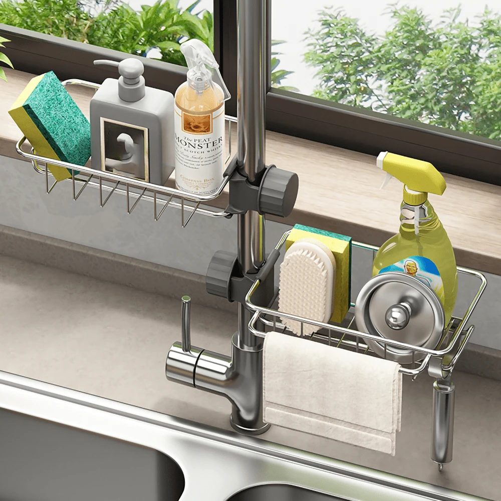 1pc Stainless Steel Kitchen Faucet Organizer Rack, Drainage Basket
