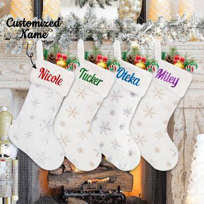 1 Stück personalisierte Weihnachtsstrümpfe, 18" große flauschig weiße Plüsch Weihnachtsstrümpfe zum Aufhängen, mit silber-goldenen Pailletten Schneeflocken zur Anpassung für Familien, Weihnachtspartys, Dekorationen, Geschenke, Geburtstag, Abschluss