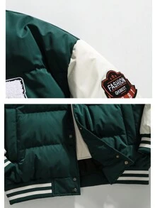 Men's Detail Drawstring Hooded Striped Padded Coat - Green - View 4