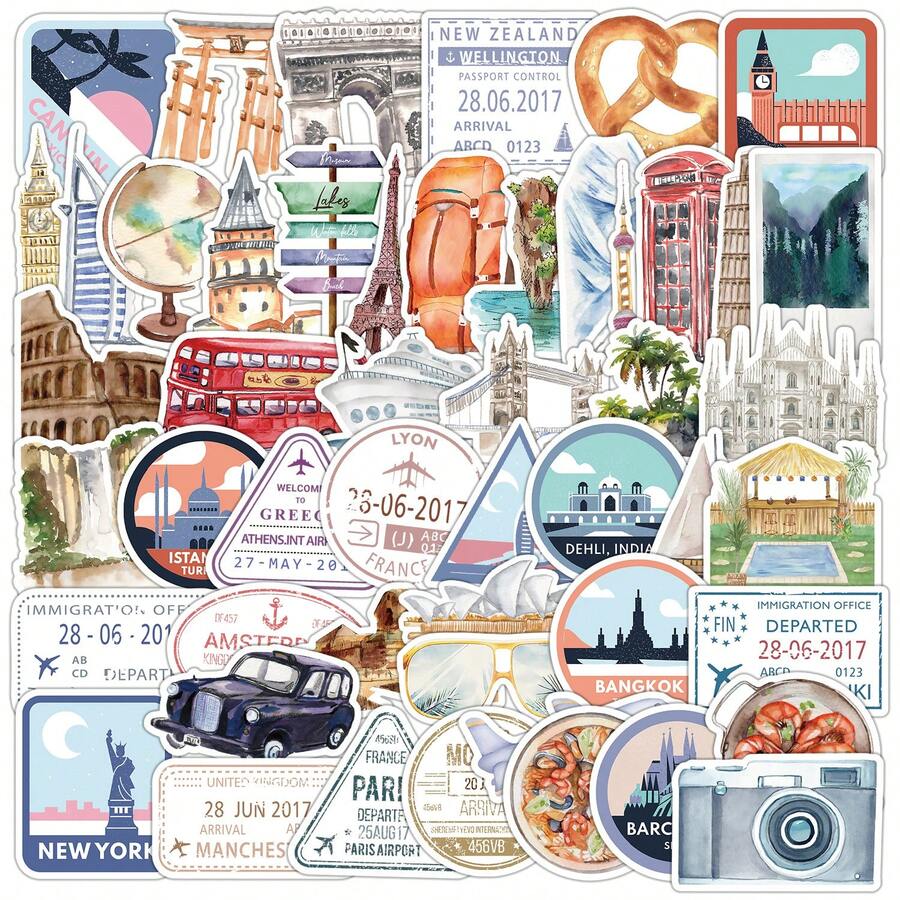 50Pcs World Tourist Attractions Graffiti Waterproof Stickers, Cute