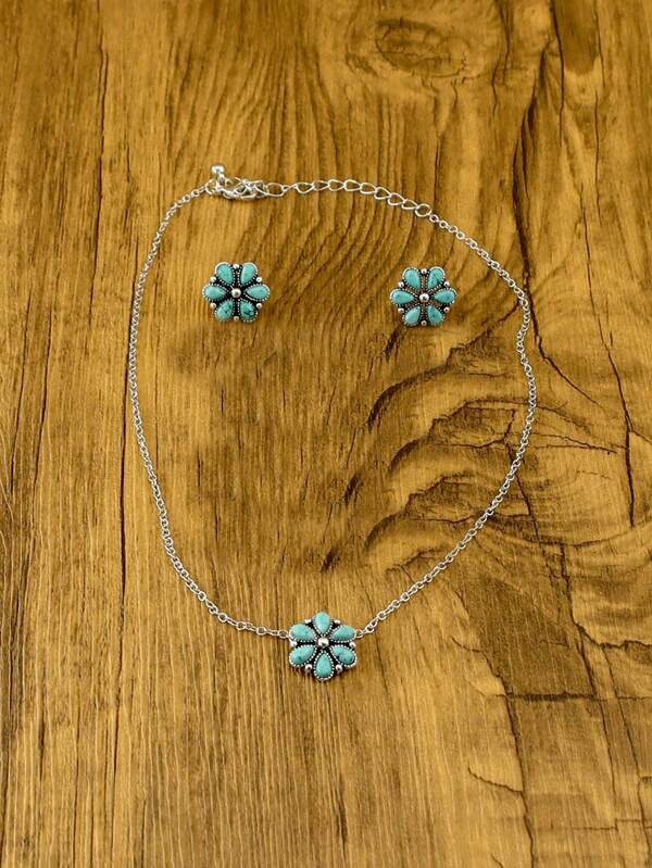 Conjunto de Colar e Brincos de Flor Turquesa Simples, da Nova Moda, Popular, para Dia dos Namorados, Mãe, Dia das Mães, Presente